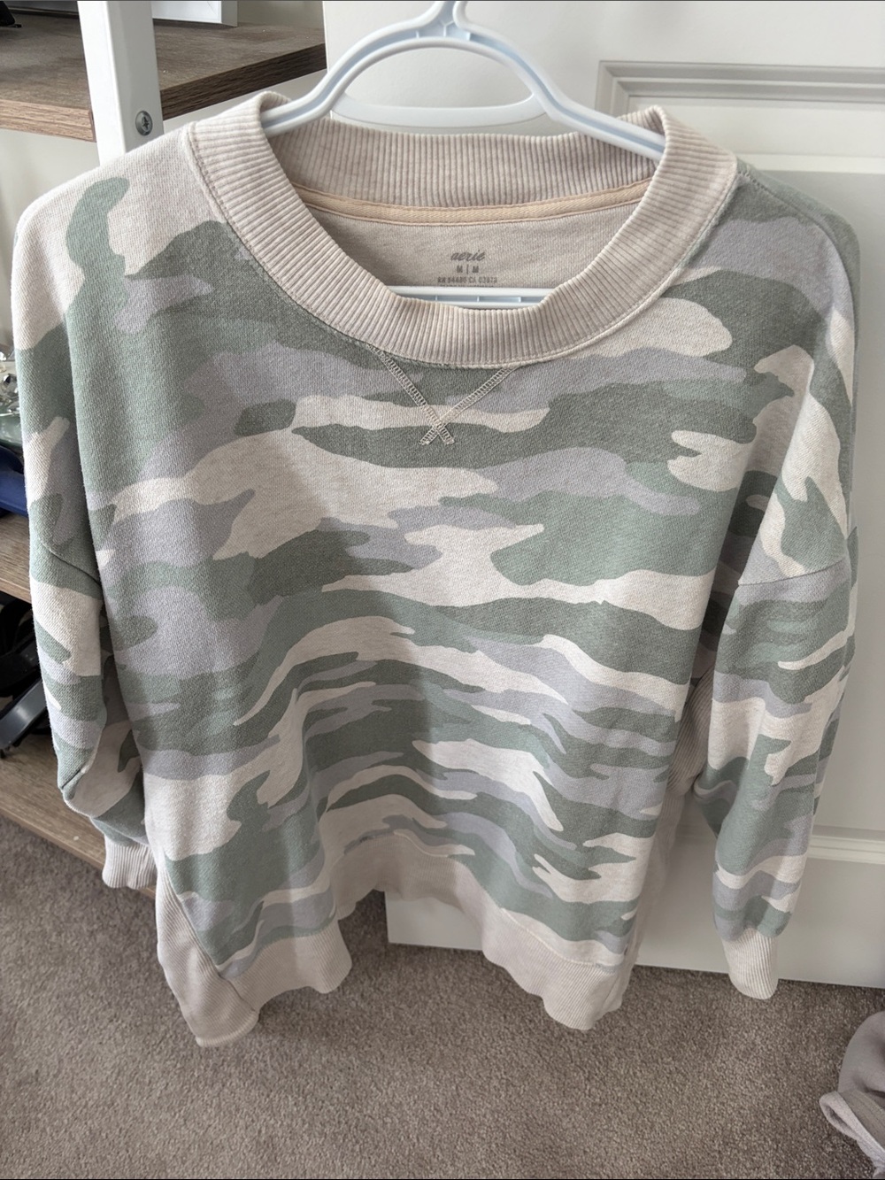aerie Camo Crewneck Sweater in Sage and Cream